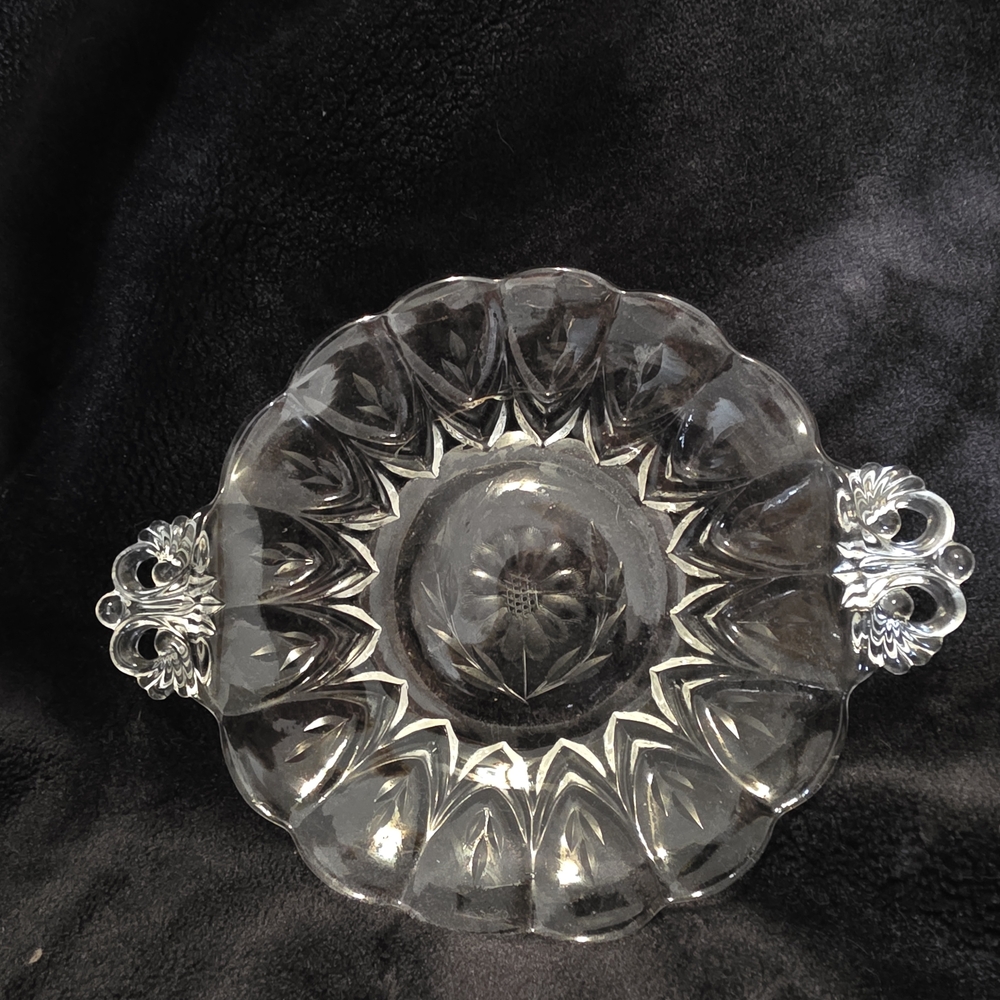 New Martinsville Glass Clear Janice Bon Bon Dish Pressed Glass Etched STUNNING
